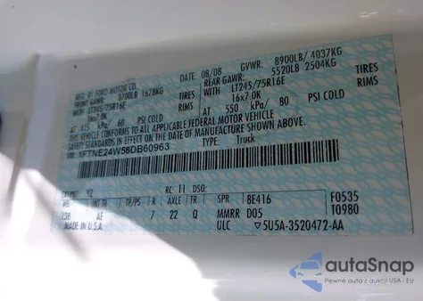 2008 Ford E-250 Commercial/Recreational z USA, uszkodzony, nr VIN 1FTNE24W58DB60963